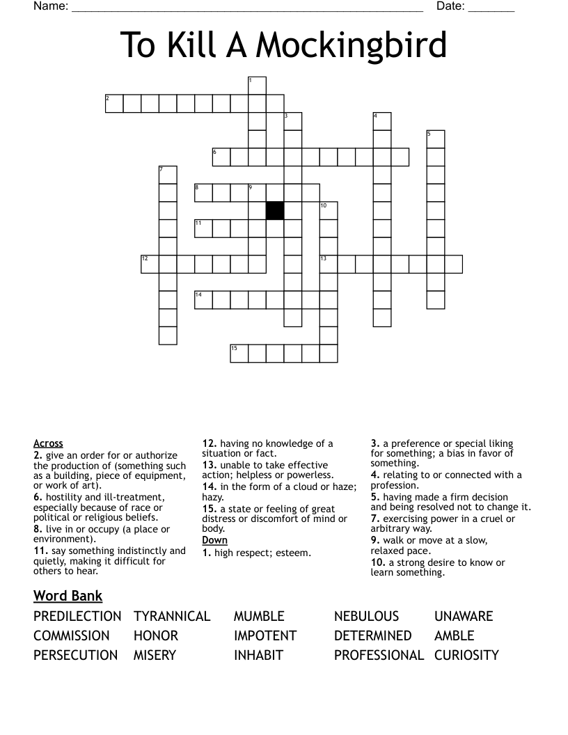 To Kill A Mockingbird Crossword