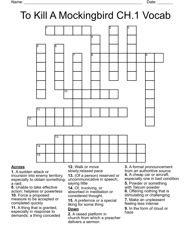 To Kill A Mockingbird CH.1 Vocab Crossword