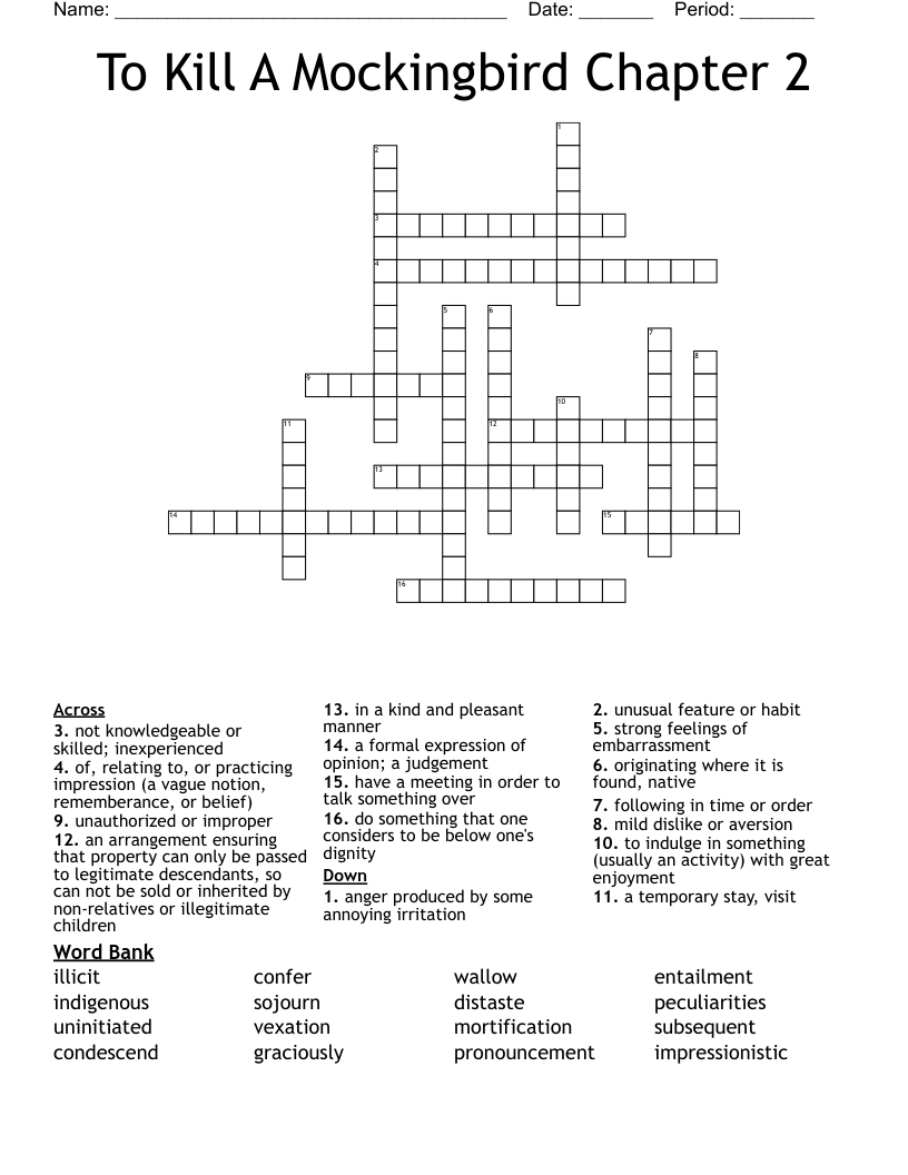 To Kill A Mockingbird Chapter 2 Crossword