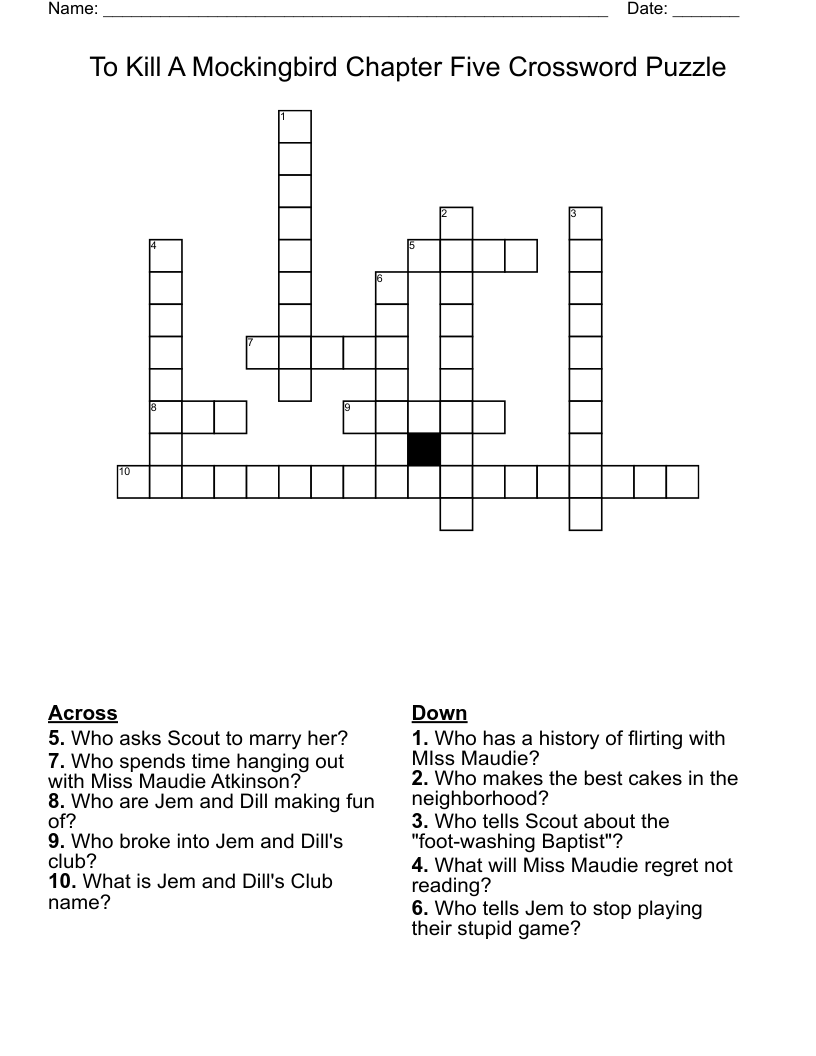 To Kill A Mockingbird Chapter Five Crossword Puzzle 