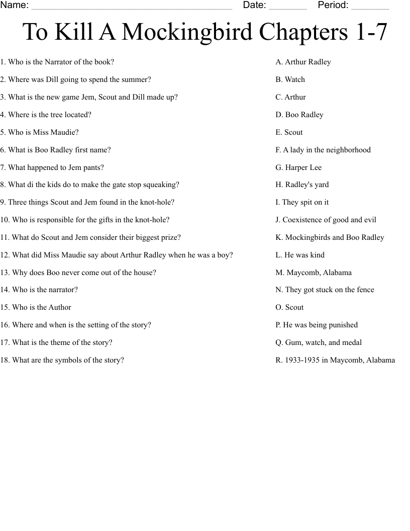To Kill A Mockingbird Chapters 1-7 Worksheet