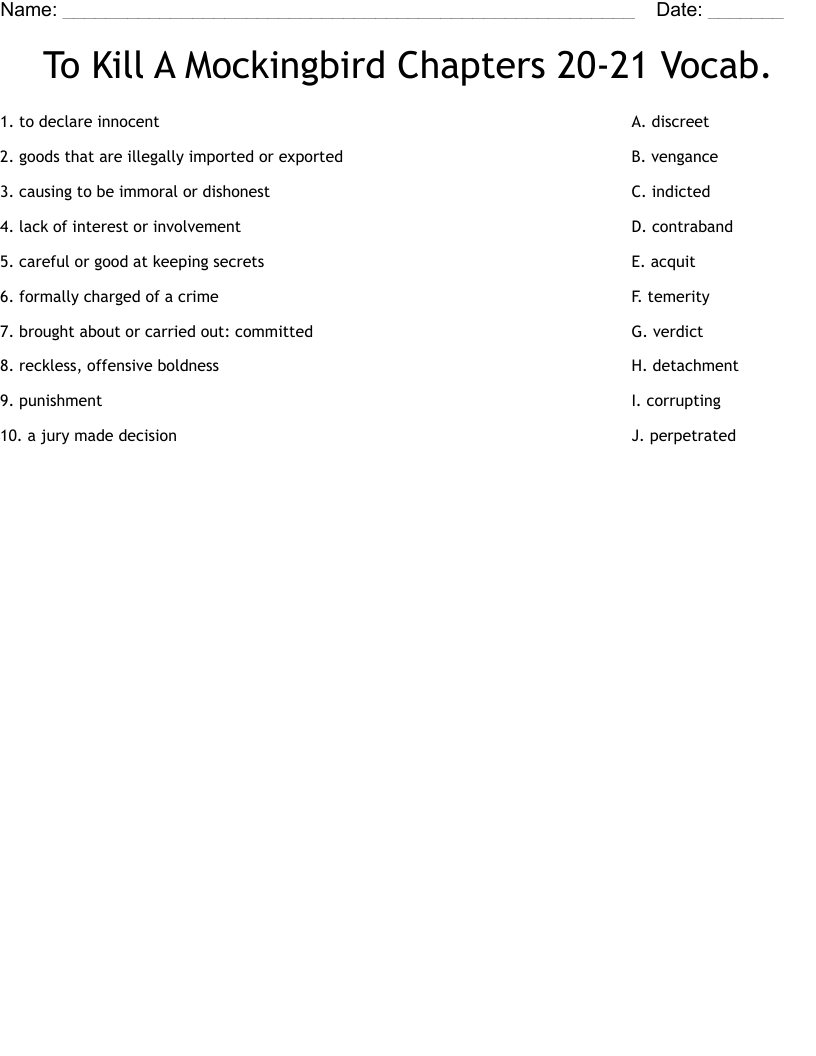 To Kill A Mockingbird Chapters 20-21 Vocab. Worksheet