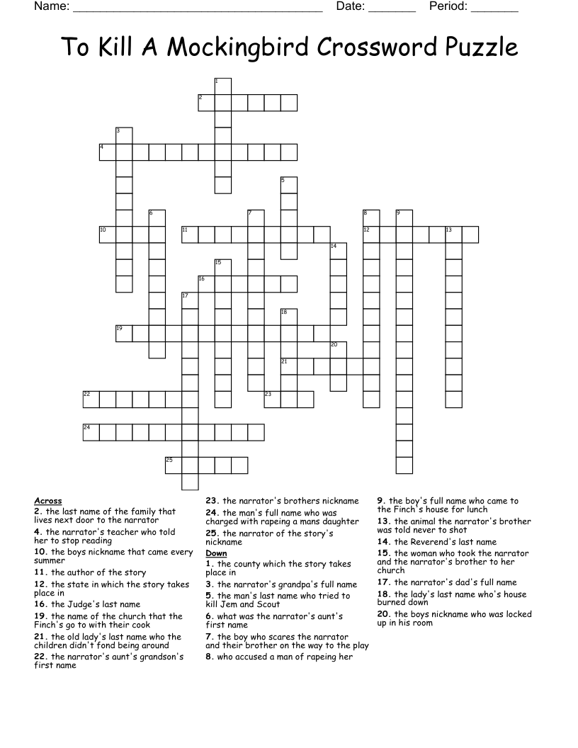 To Kill A Mockingbird Crossword Puzzle