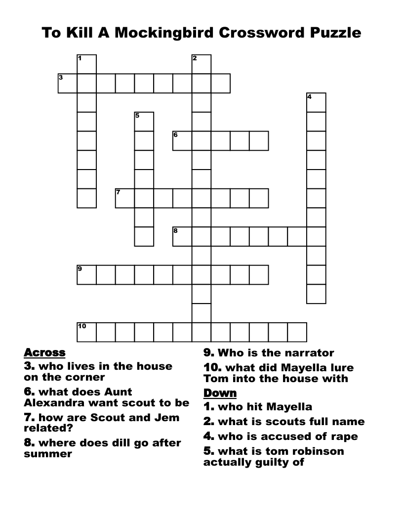 To Kill A Mockingbird Crossword Puzzle
