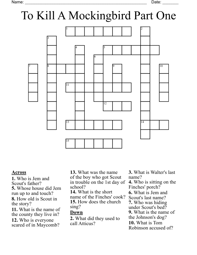To Kill A Mockingbird Part One Crossword