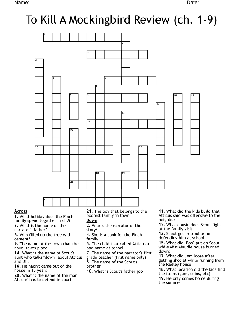 To Kill A Mockingbird Review (ch. 1-9) Crossword