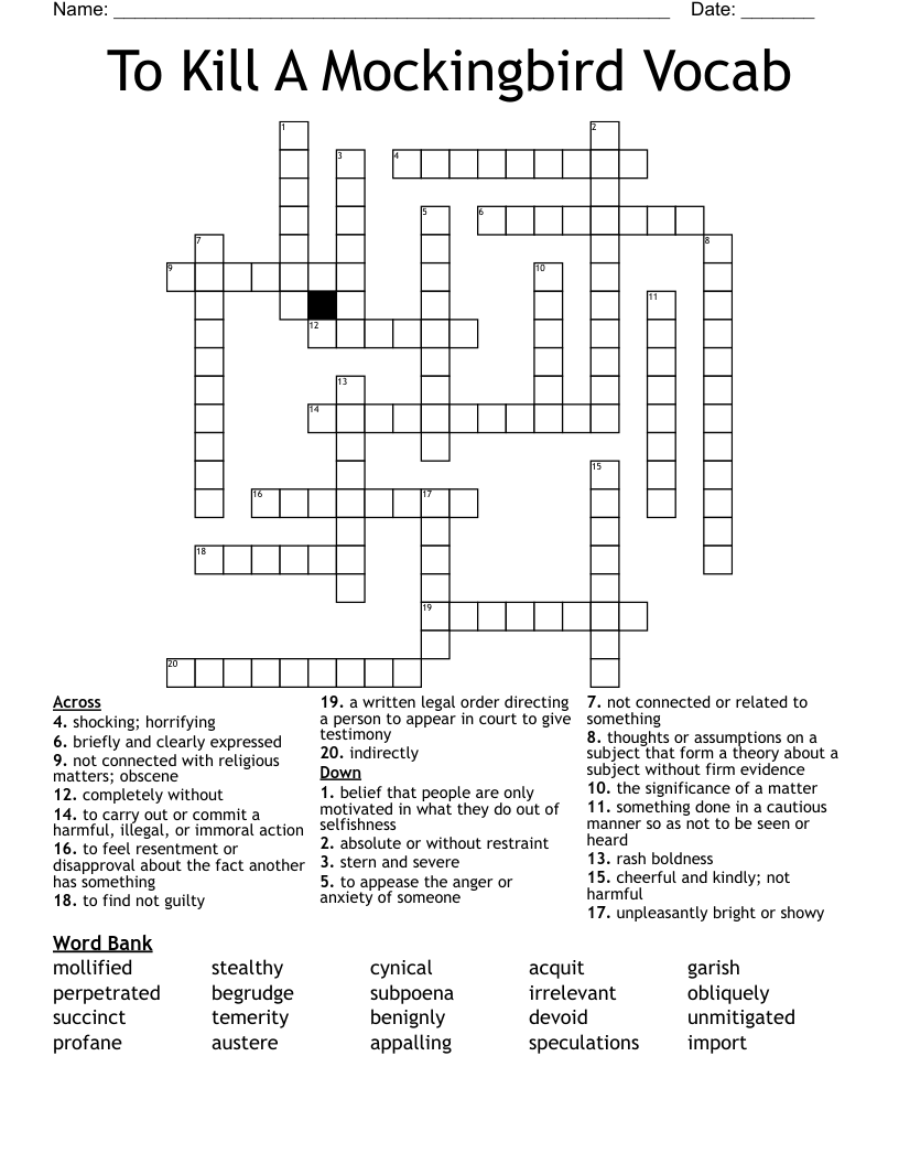 To Kill A Mockingbird Vocab Crossword