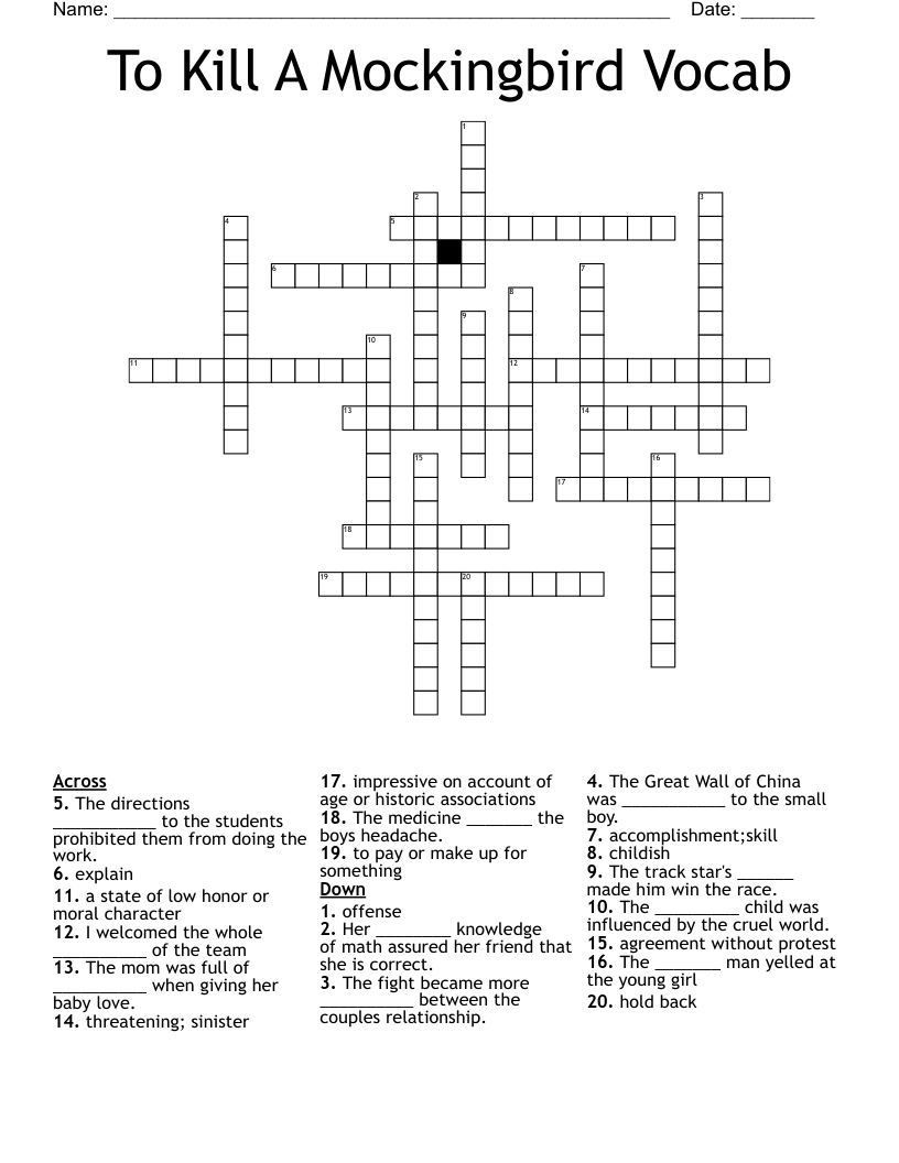 To Kill A Mockingbird Vocab Crossword