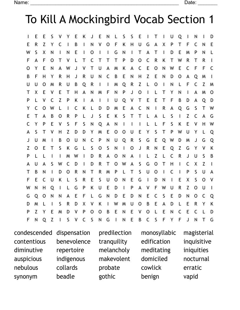 To Kill A Mockingbird Vocab Section 1 Word Search