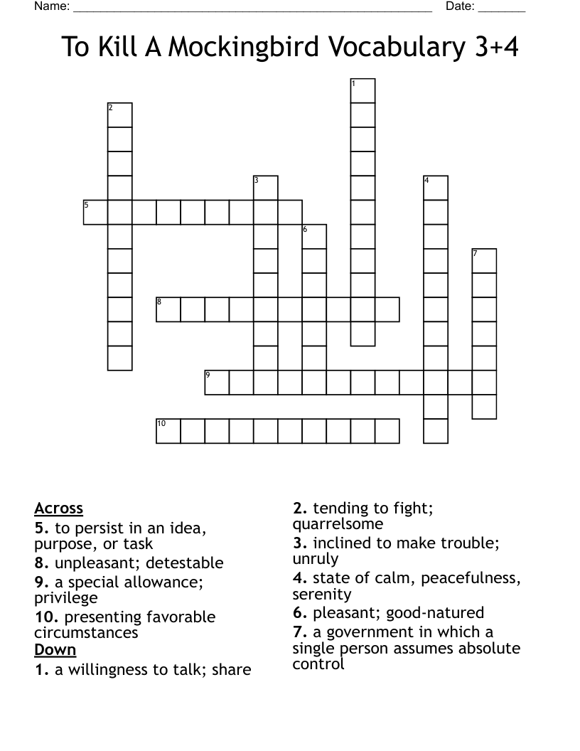 To Kill A Mockingbird Vocabulary 3+4 Crossword