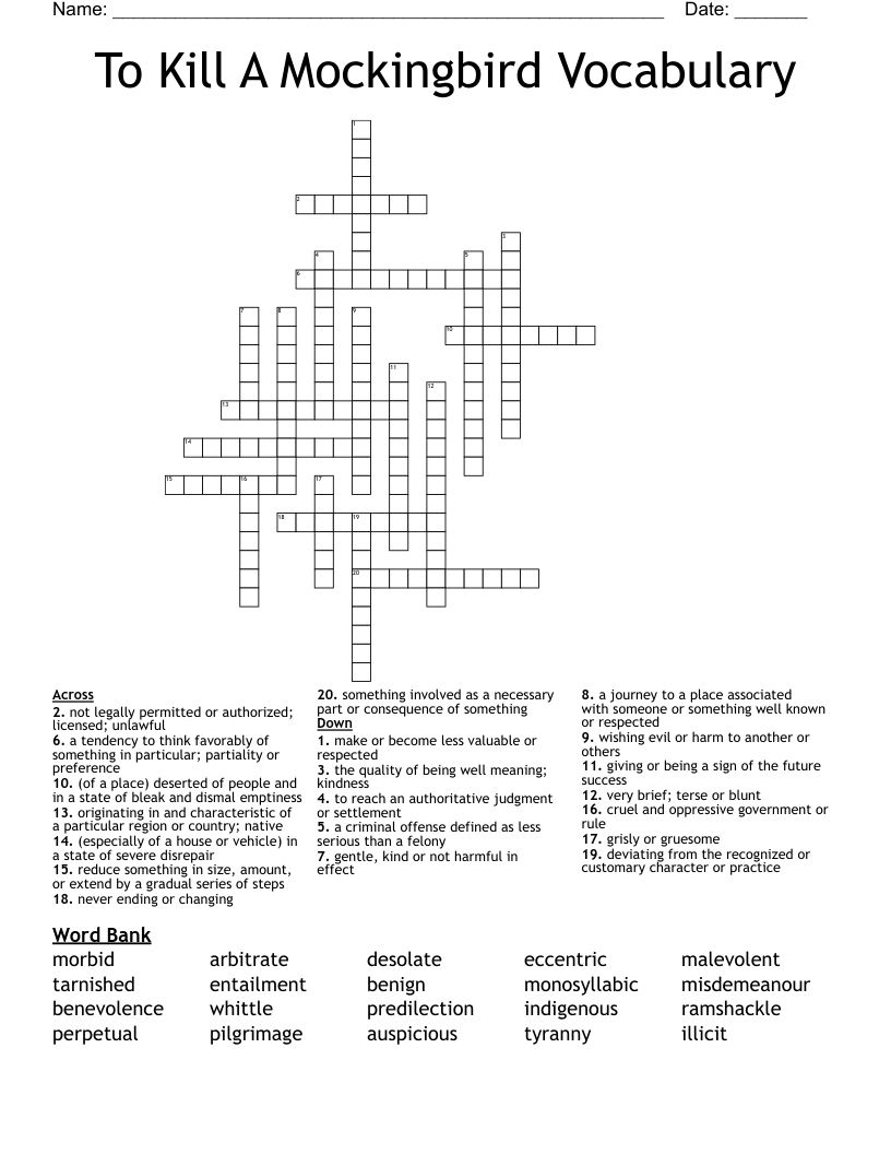 To Kill A Mockingbird Vocabulary Crossword