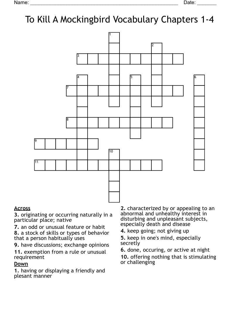 To Kill A Mockingbird Vocabulary Chapters 1-4 Crossword