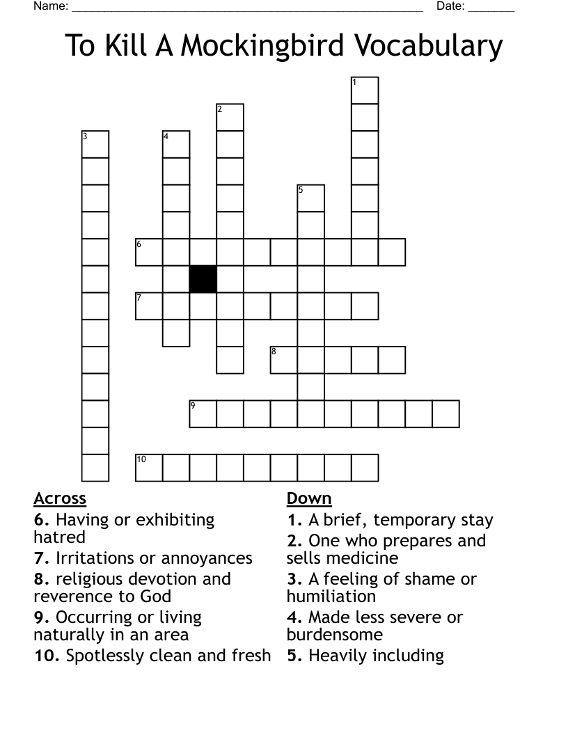 To Kill A Mockingbird Vocabulary  Crossword