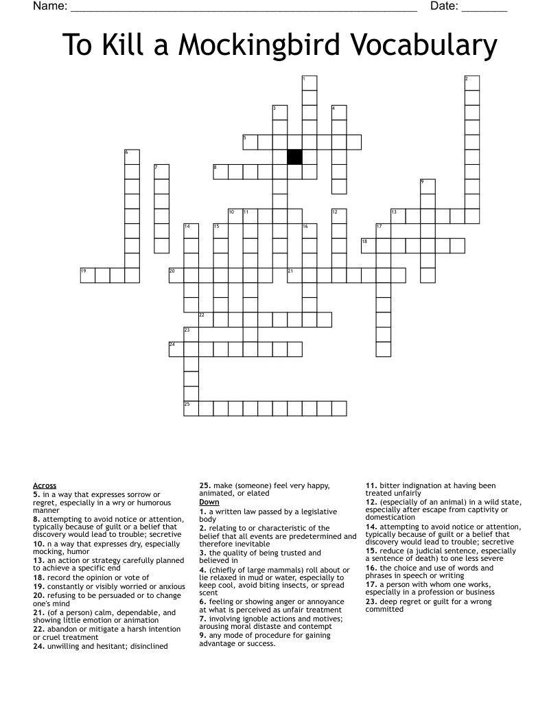 To Kill  a Mockingbird Vocabulary Crossword