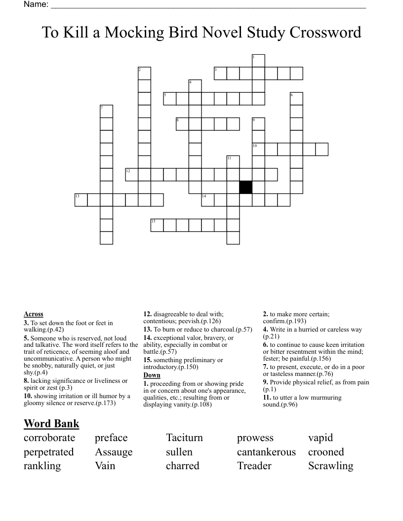 To Kill a Mocking Bird Novel Study Crossword