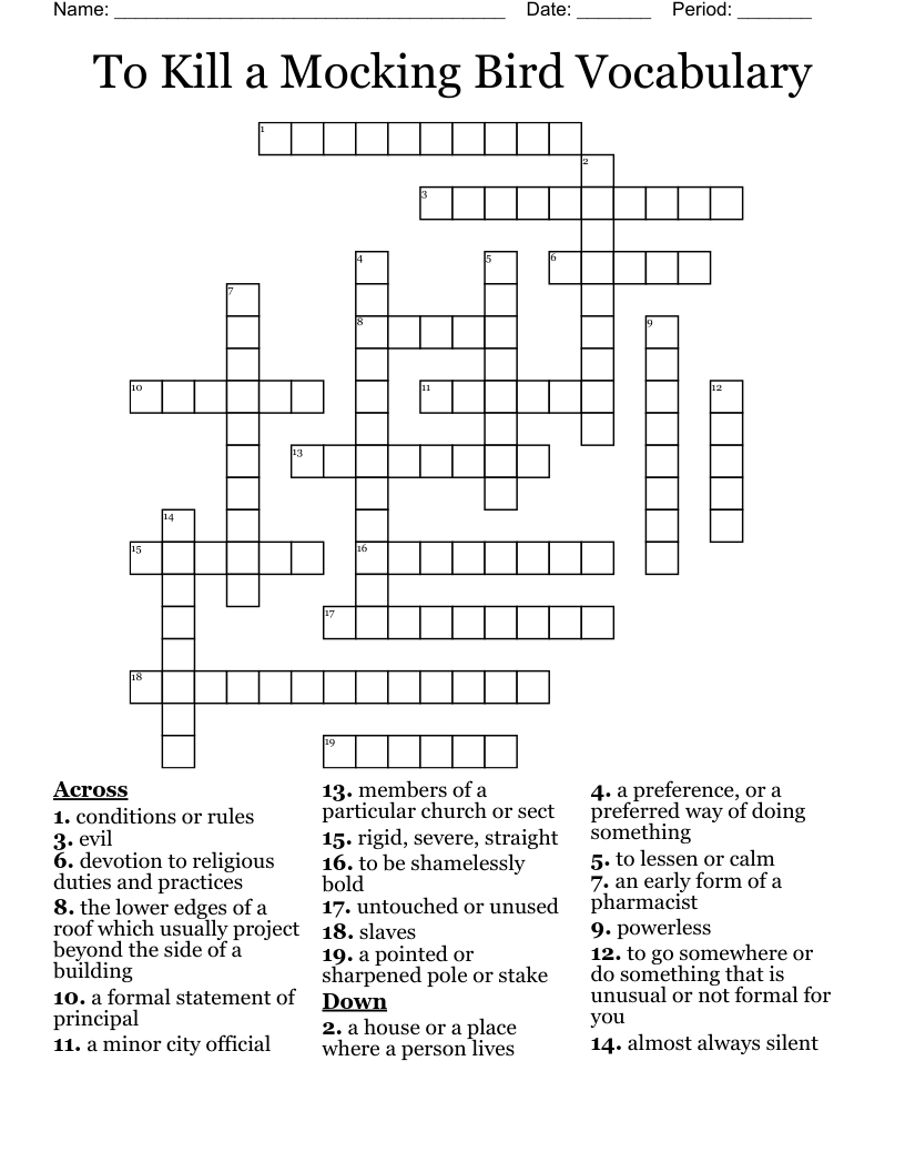 To Kill a Mocking Bird Vocabulary Crossword