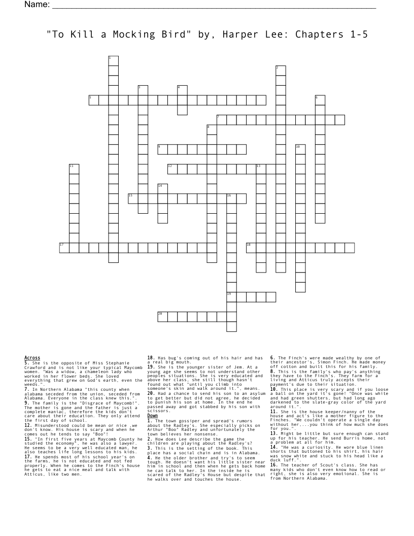 "To Kill a Mocking Bird"  by, Harper Lee: Chapters 1-5 Crossword