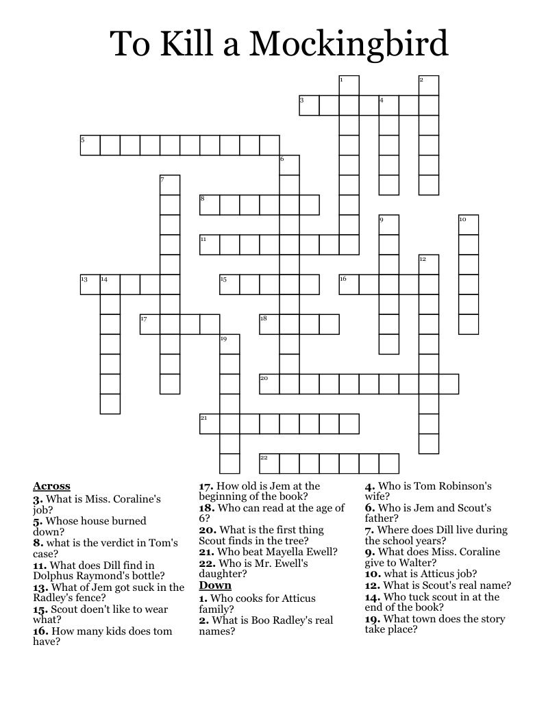 To Kill a Mockingbird Crossword