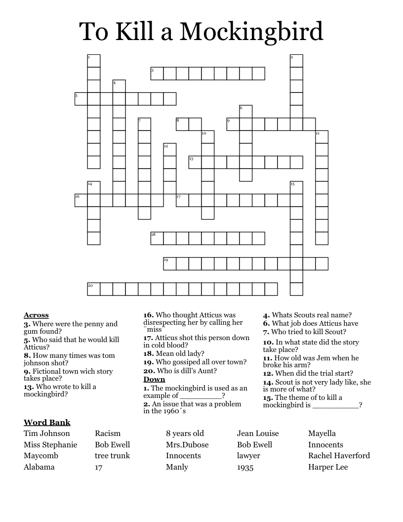To Kill a Mockingbird Crossword