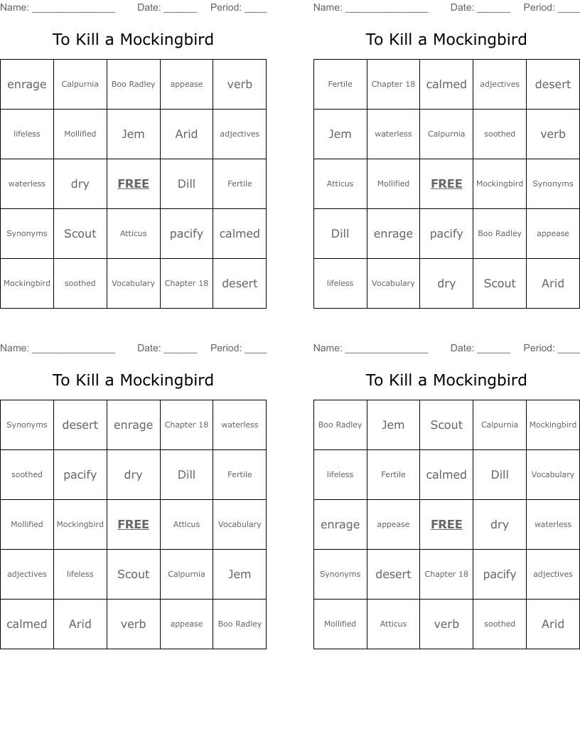 To Kill a Mockingbird Bingo Cards