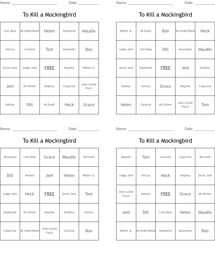 To Kill a Mockingbird Bingo Cards