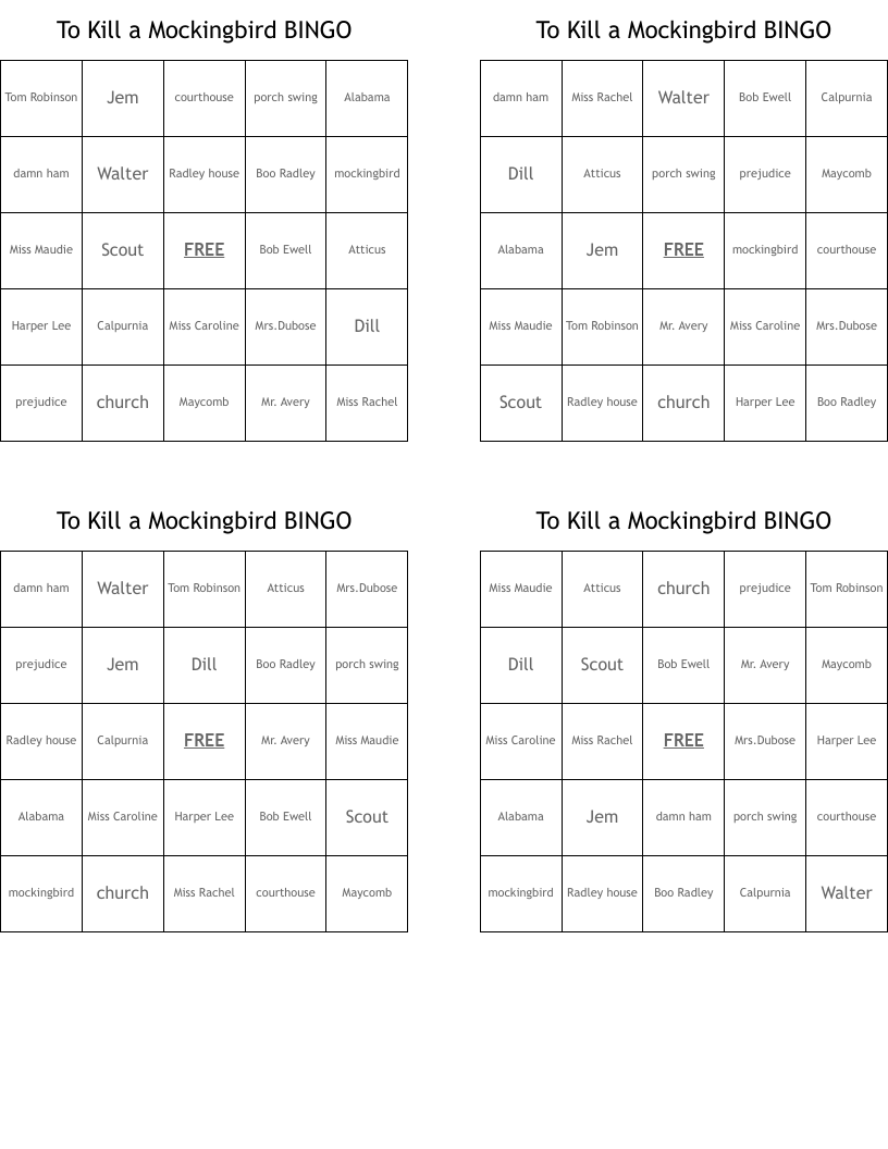 To Kill a Mockingbird BINGO