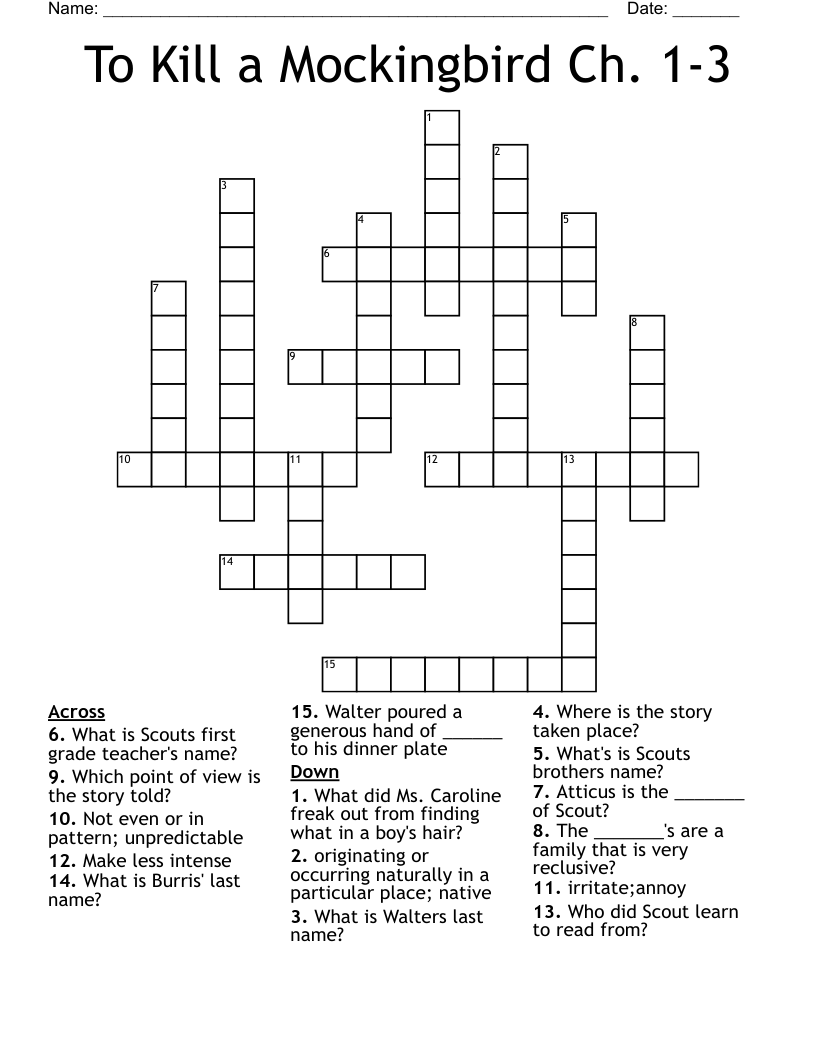 To Kill a Mockingbird Ch. 1-3 Crossword