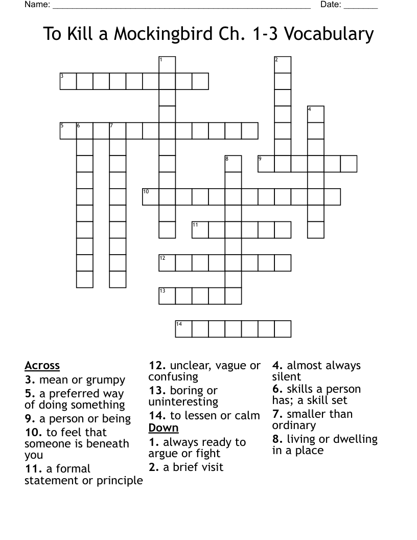 To Kill a Mockingbird Ch. 1-3 Vocabulary Crossword