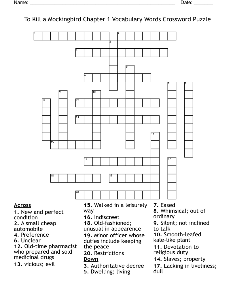 To Kill a Mockingbird Chapter 1 Vocabulary Words Crossword Puzzle