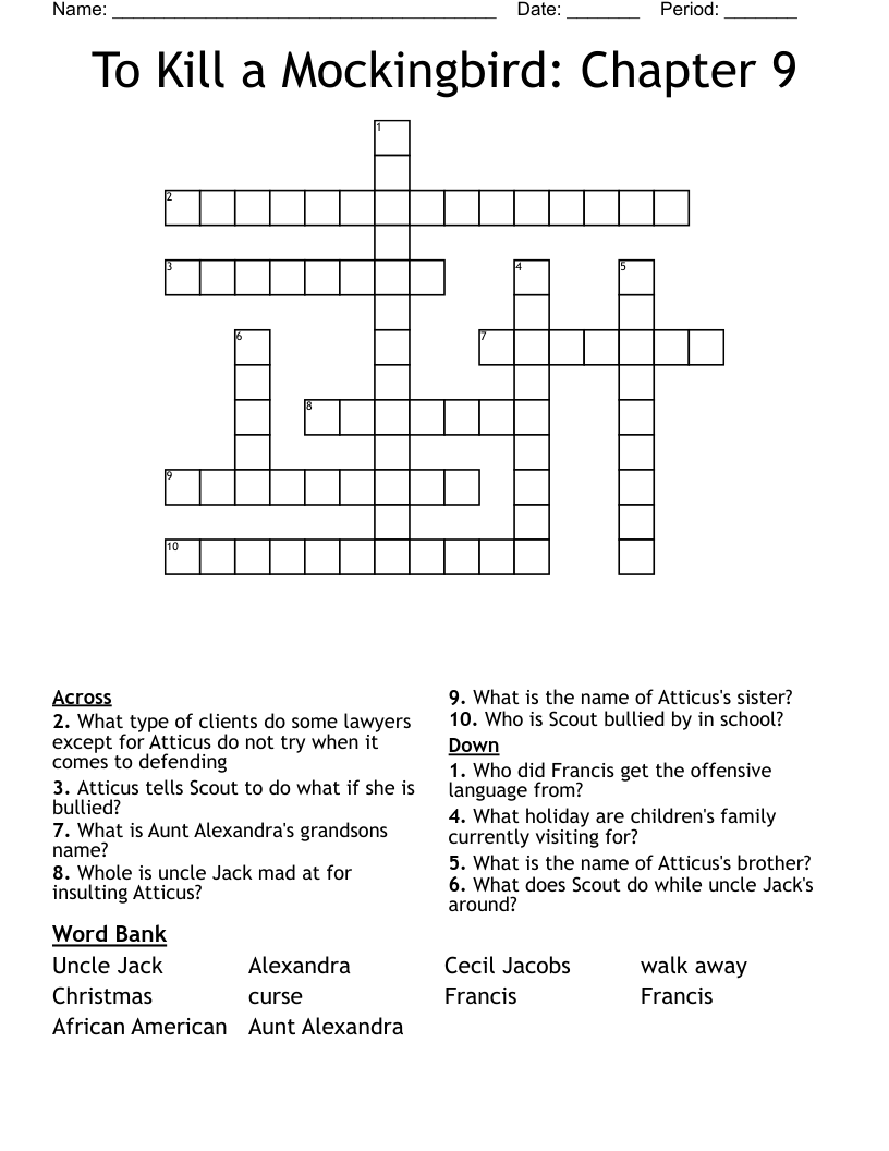 To Kill a Mockingbird: Chapter 9 Crossword