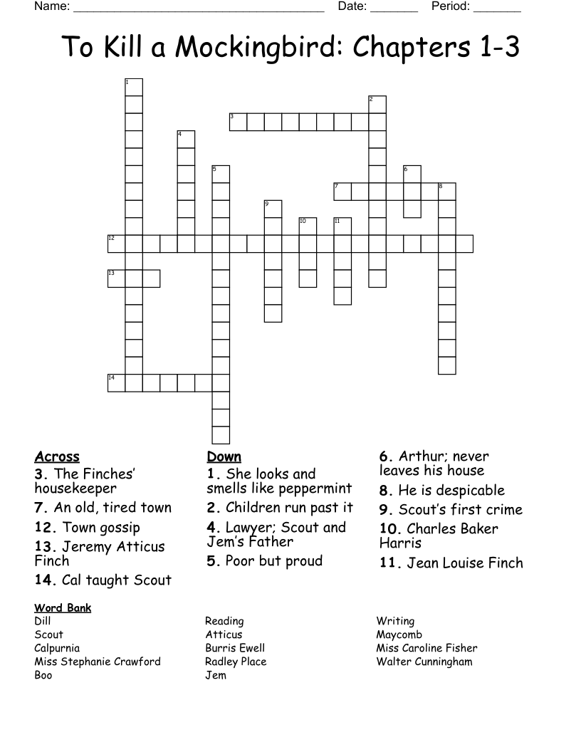 To Kill a Mockingbird: Chapters 1-3 Crossword