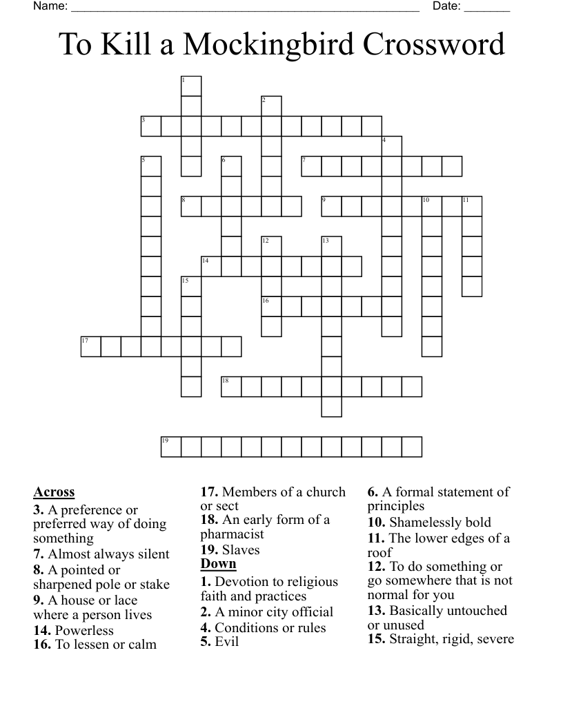 To Kill a Mockingbird Crossword