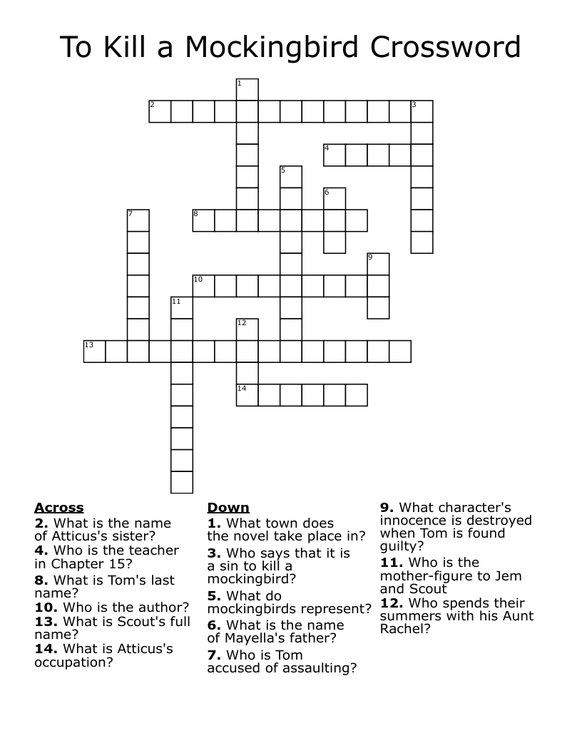 To Kill a Mockingbird Crossword