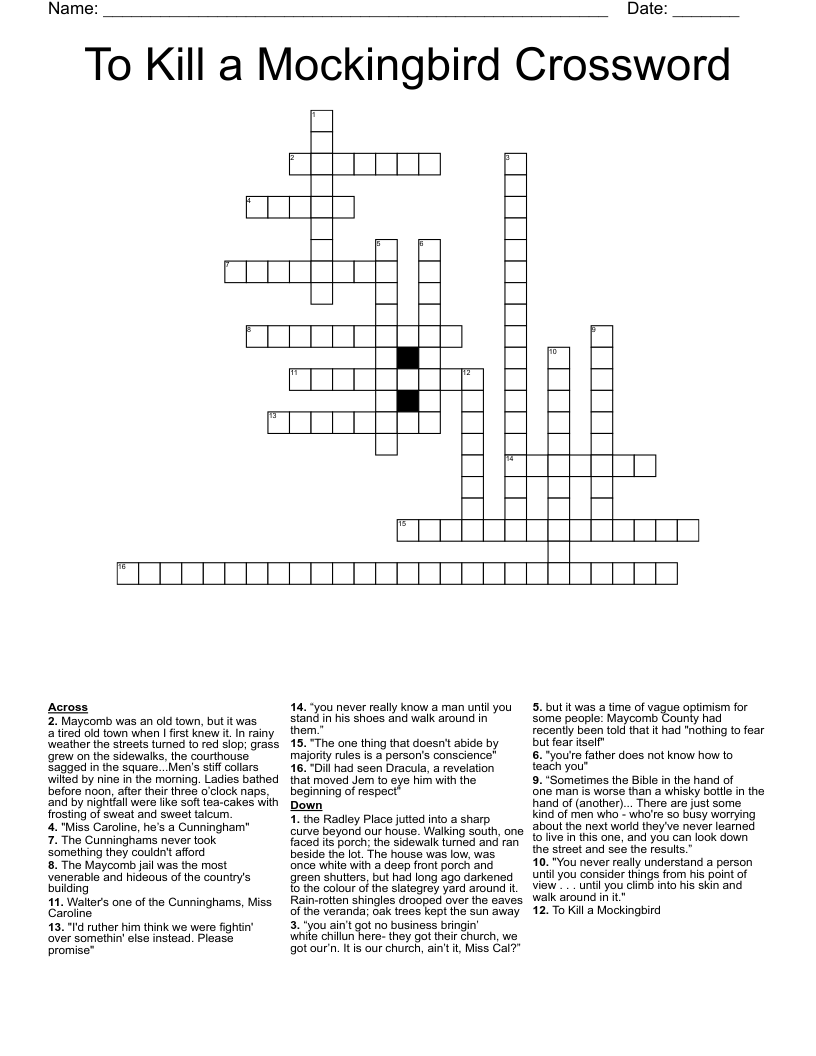 To Kill a Mockingbird Crossword