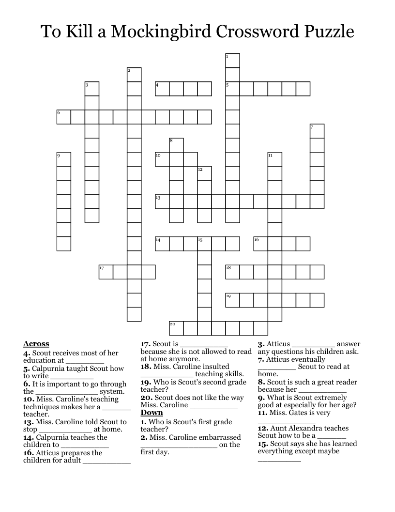 To Kill a Mockingbird Crossword Puzzle