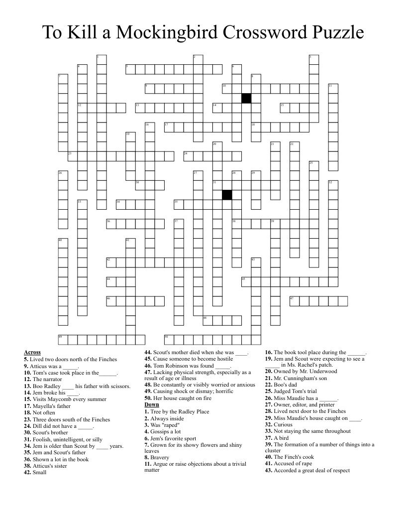 To Kill a Mockingbird Crossword Puzzle