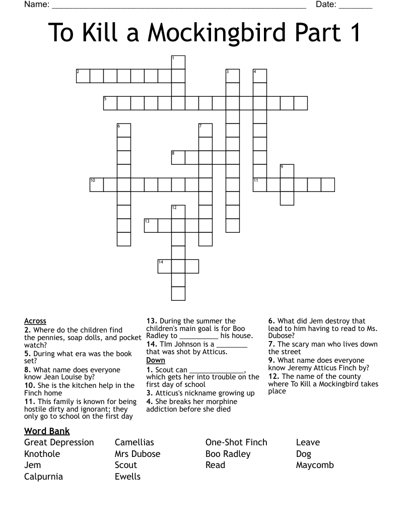 To Kill a Mockingbird Part 1 Crossword