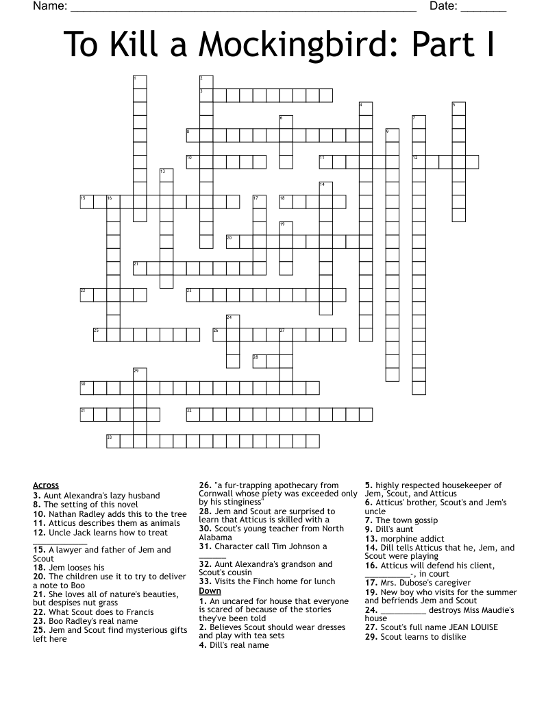 To Kill a Mockingbird: Part I  Crossword