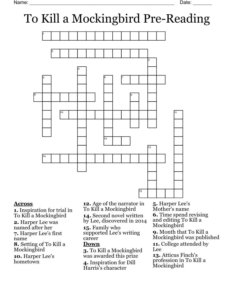 To Kill a Mockingbird Pre-Reading Crossword