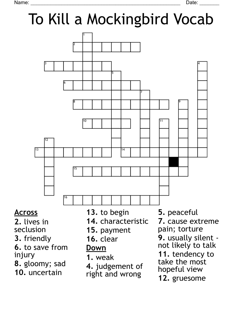To Kill a Mockingbird Vocab Crossword