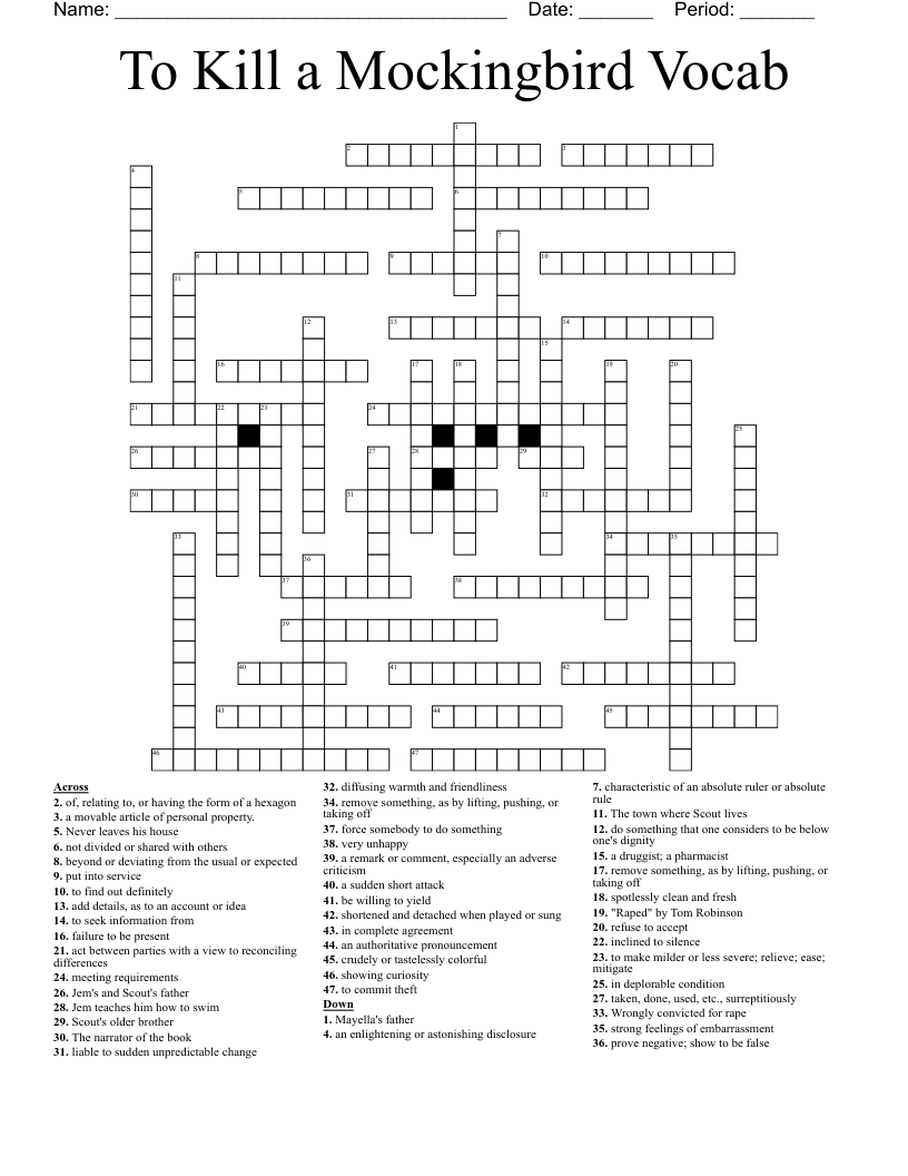 To Kill a Mockingbird Vocab Crossword
