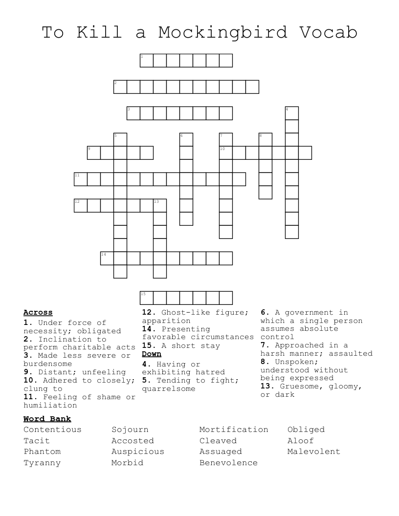 To Kill a Mockingbird Vocab Crossword