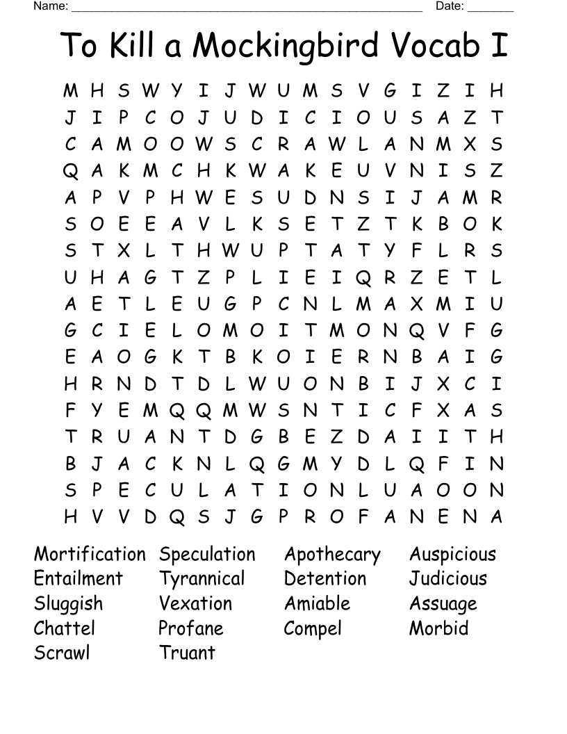 To Kill a Mockingbird Vocab I Word Search