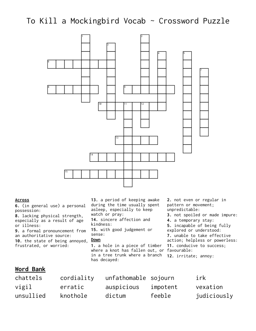 To Kill a Mockingbird Vocab ~ Crossword Puzzle