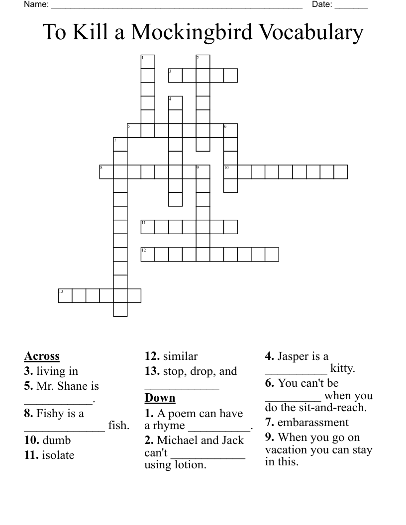 To Kill a Mockingbird Vocabulary Crossword