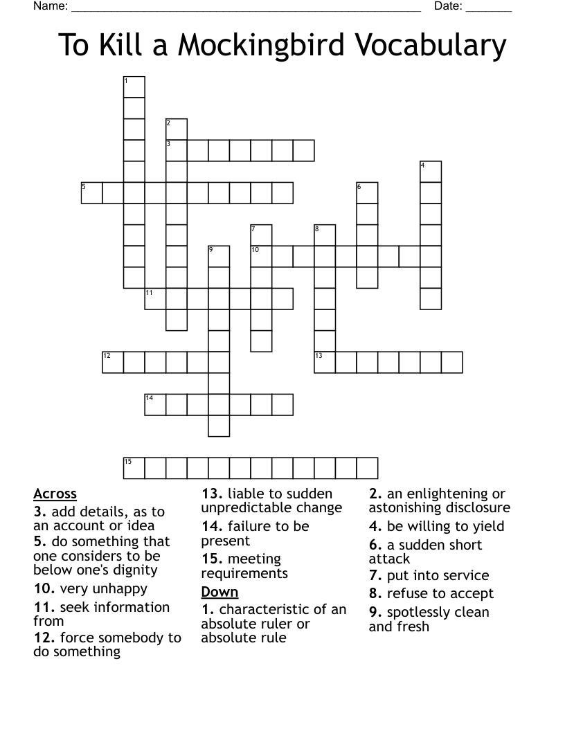 To Kill a Mockingbird Vocabulary Crossword
