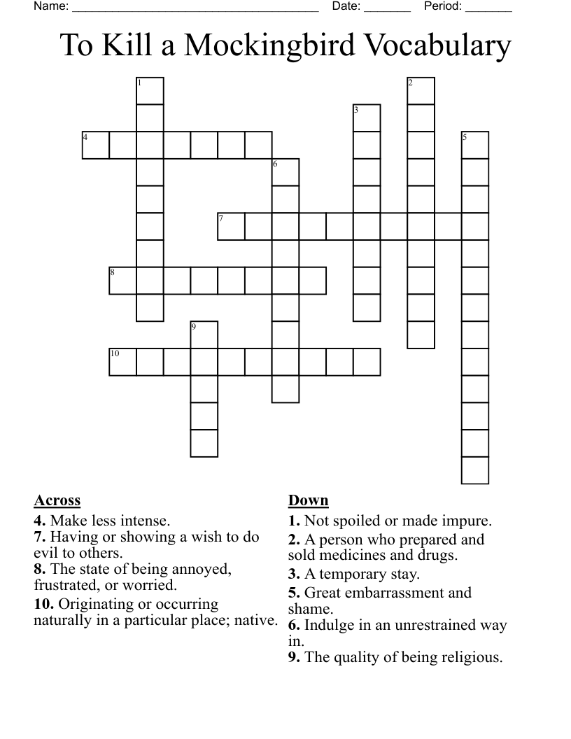 To Kill a Mockingbird Vocabulary Crossword