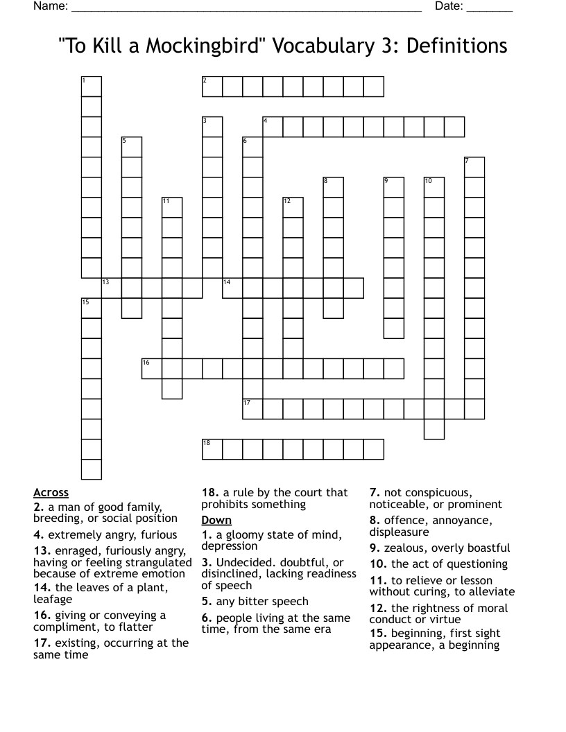 "To Kill a Mockingbird" Vocabulary 3: Definitions Crossword