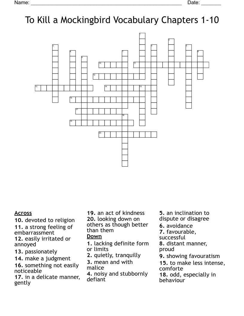 To Kill a Mockingbird Vocabulary Chapters 1-10 Crossword