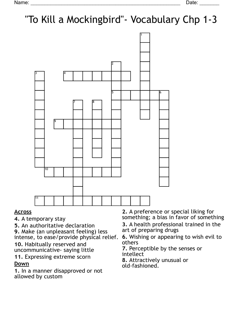 "To Kill a Mockingbird"- Vocabulary Chp 1-3 Crossword